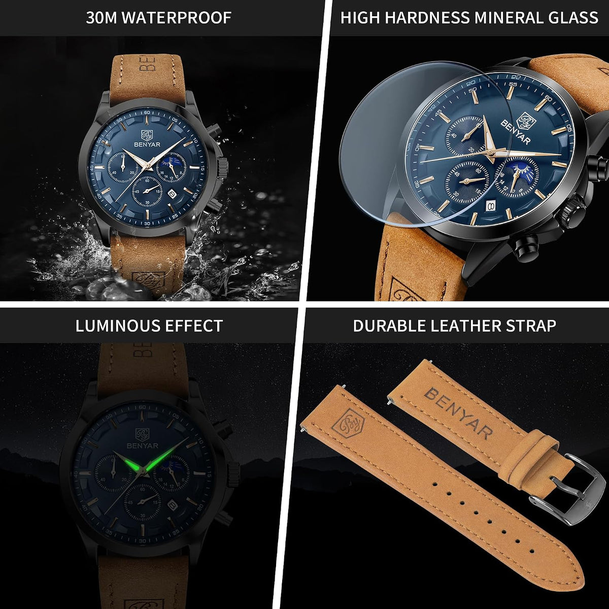 BENYAR Relojes para hombre, cronógrafo analógico de cuarzo, impermeables, relojes de pulsera para hombre, moda de negocios, trabajo, casual, deportivo, reloj de vestir con calendario