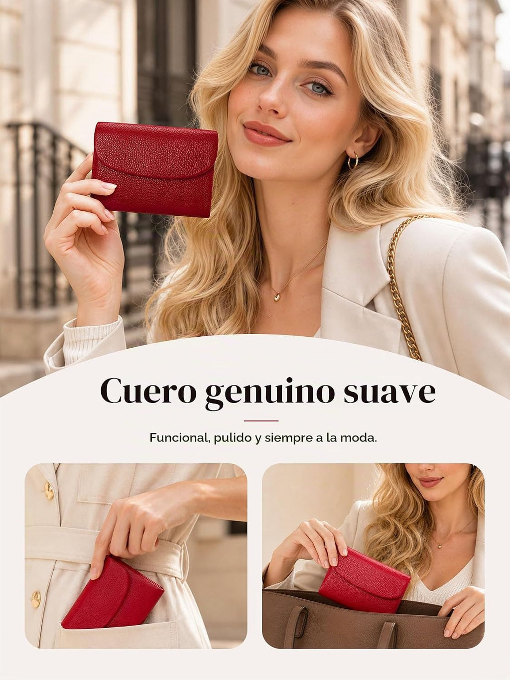 Billetera para mujer, con bloqueo RFID, tarjetero de cuero