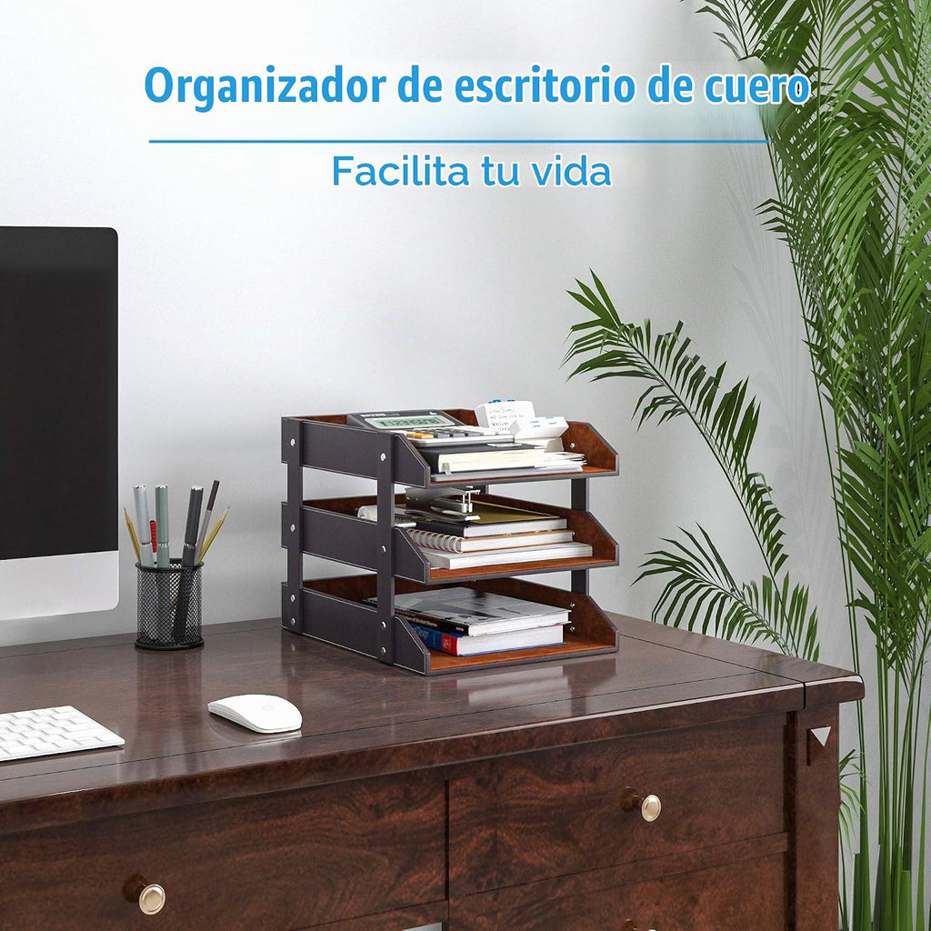 Organizador de escritorio de piel, bandeja de 3 niveles apilable para suministros de oficina, papel, archivo, revista, organización perfecta para oficina para escritorio (marrón-3 niveles)