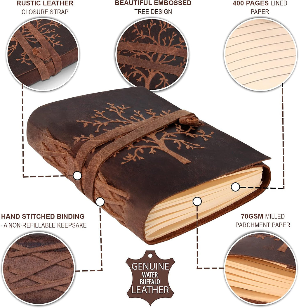 moonster Diario de cuero rayado – Diario de árbol de la vida en relieve para mujeres, 7 x 5 pulgadas, cuadernos de dibujo con papel de diario forrado – Diarios de cuero con rayas universitarias para