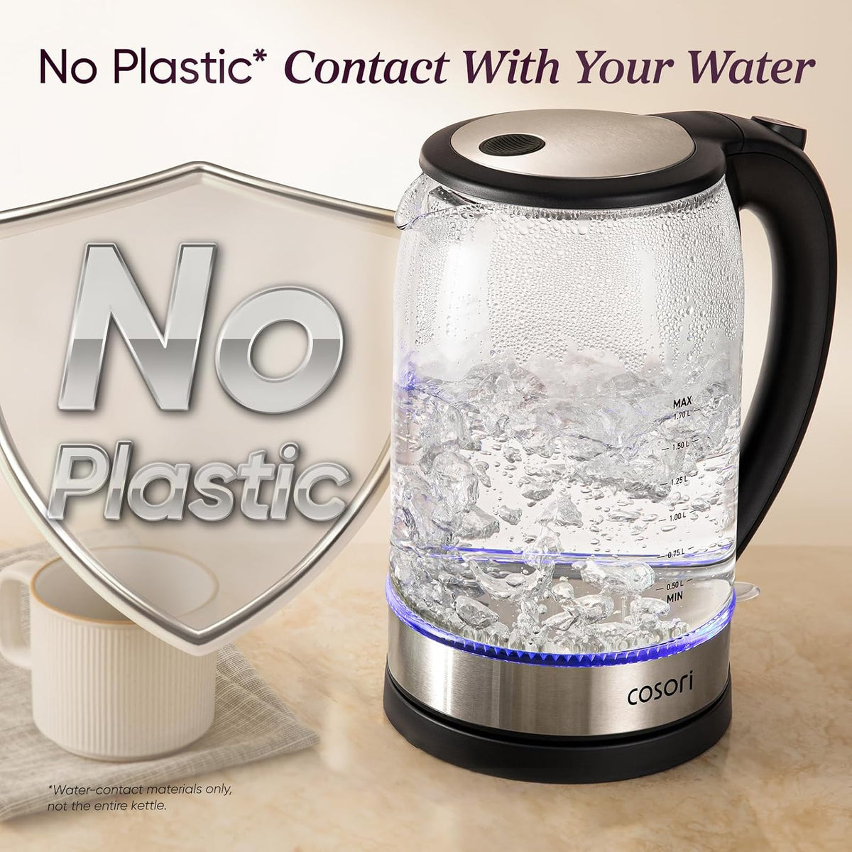 Cosori Hervidor eléctrico, sin contacto de plástico con agua, 1.7L, negro