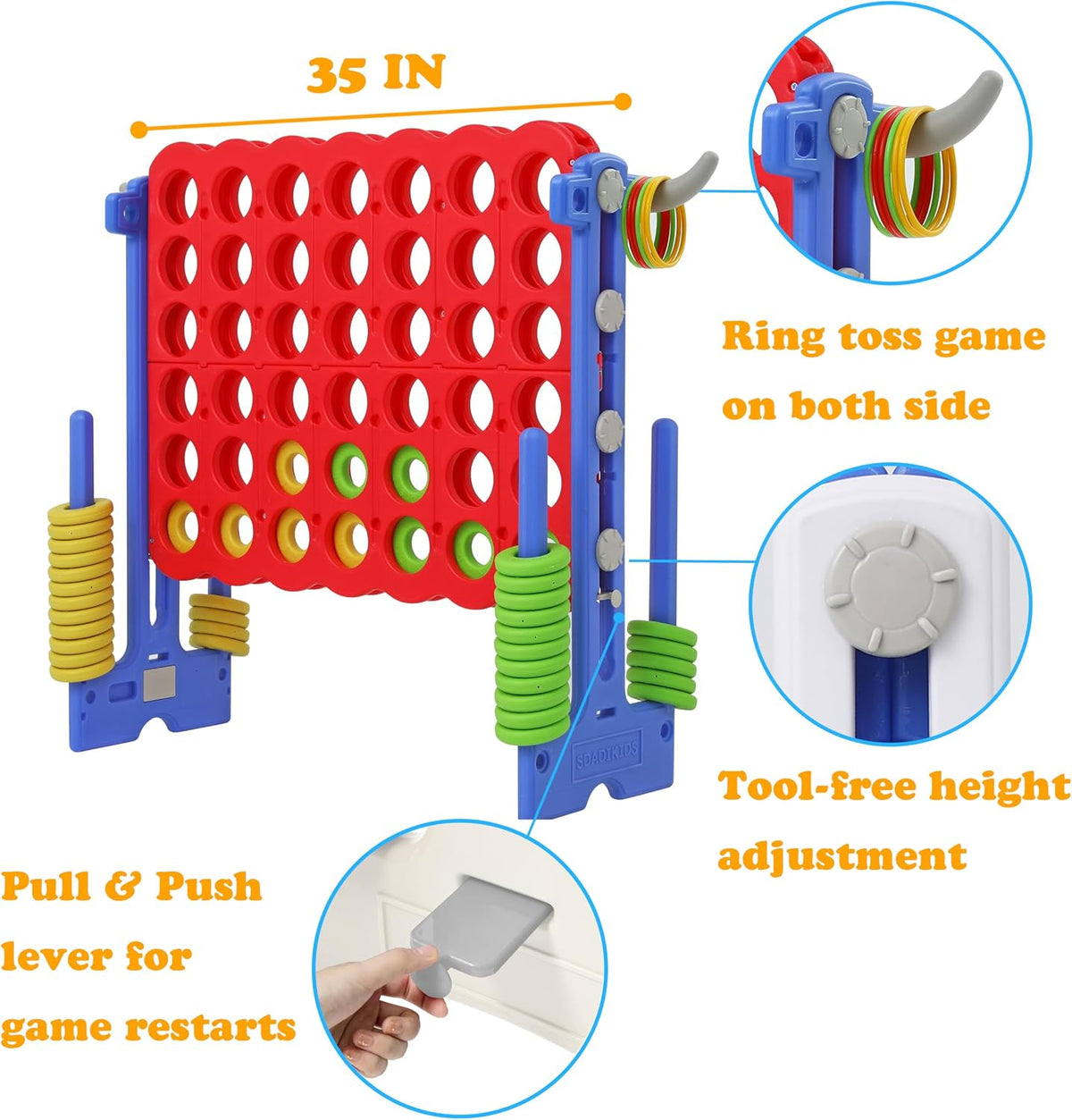 SDADI - Juego gigante ajustable en altura de 4 en fila, juego Jumbo 2-en-1 de 4 anotaciones con juego de lanzamiento de anillos, juego de patio para interiores y exteriores para niños, adultos y