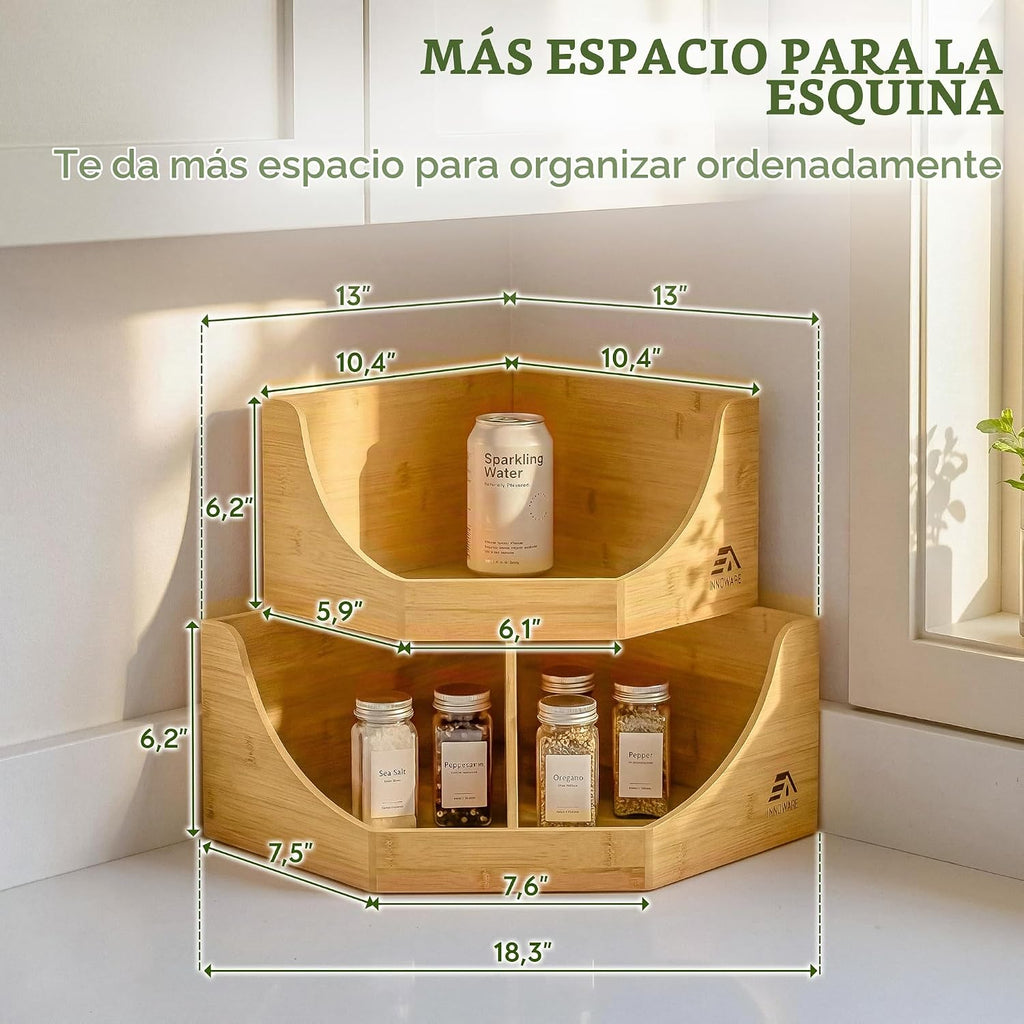 HOMESTEAD Contenedor de almacenamiento esquinero de bambú, apilable de 2 niveles para almacenamiento de papas y cebollas para mostrador de cocina, estante de esquina de madera, organizador de despensa