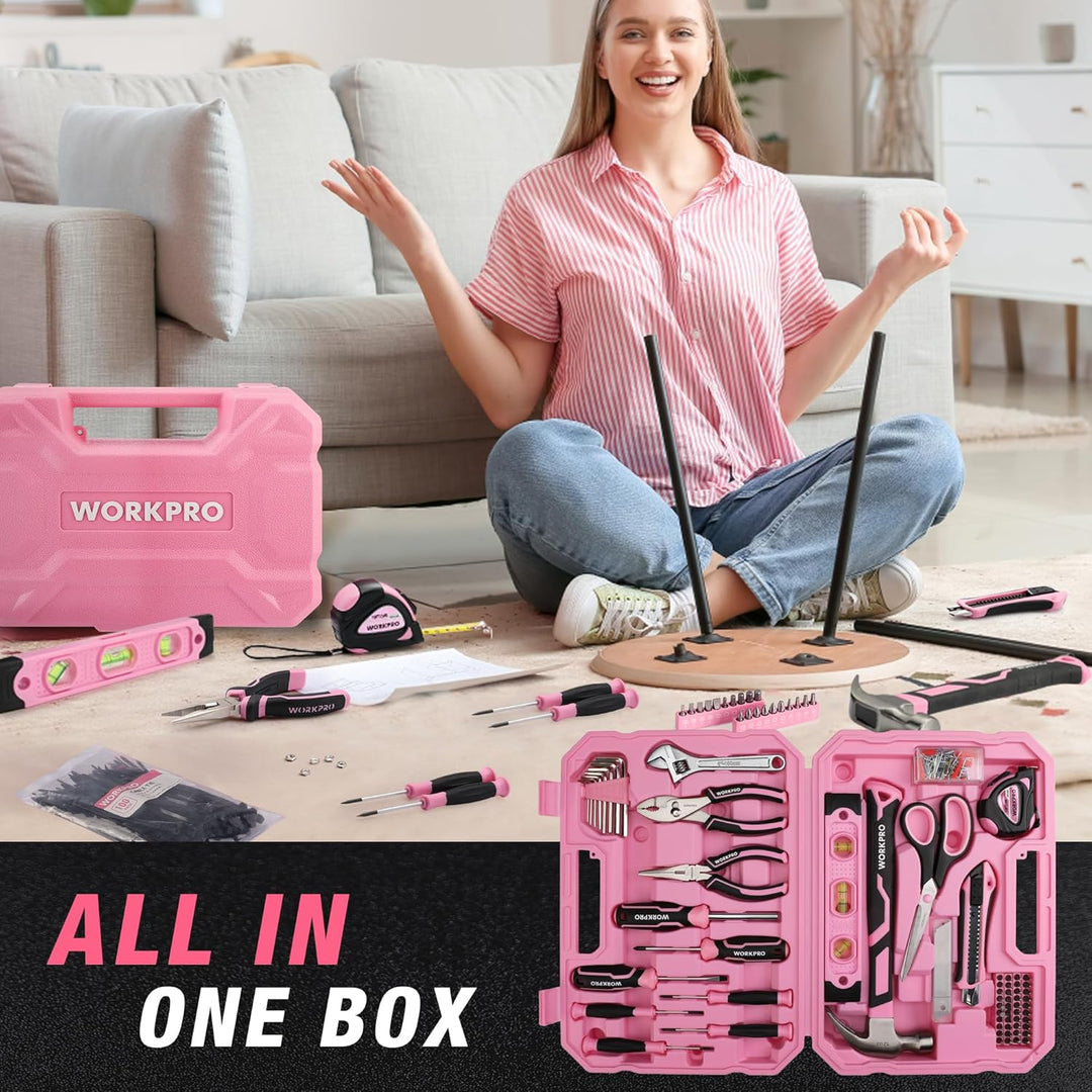 WORKPRO Juego de herramientas rosa, kit de herramientas de 258 piez...