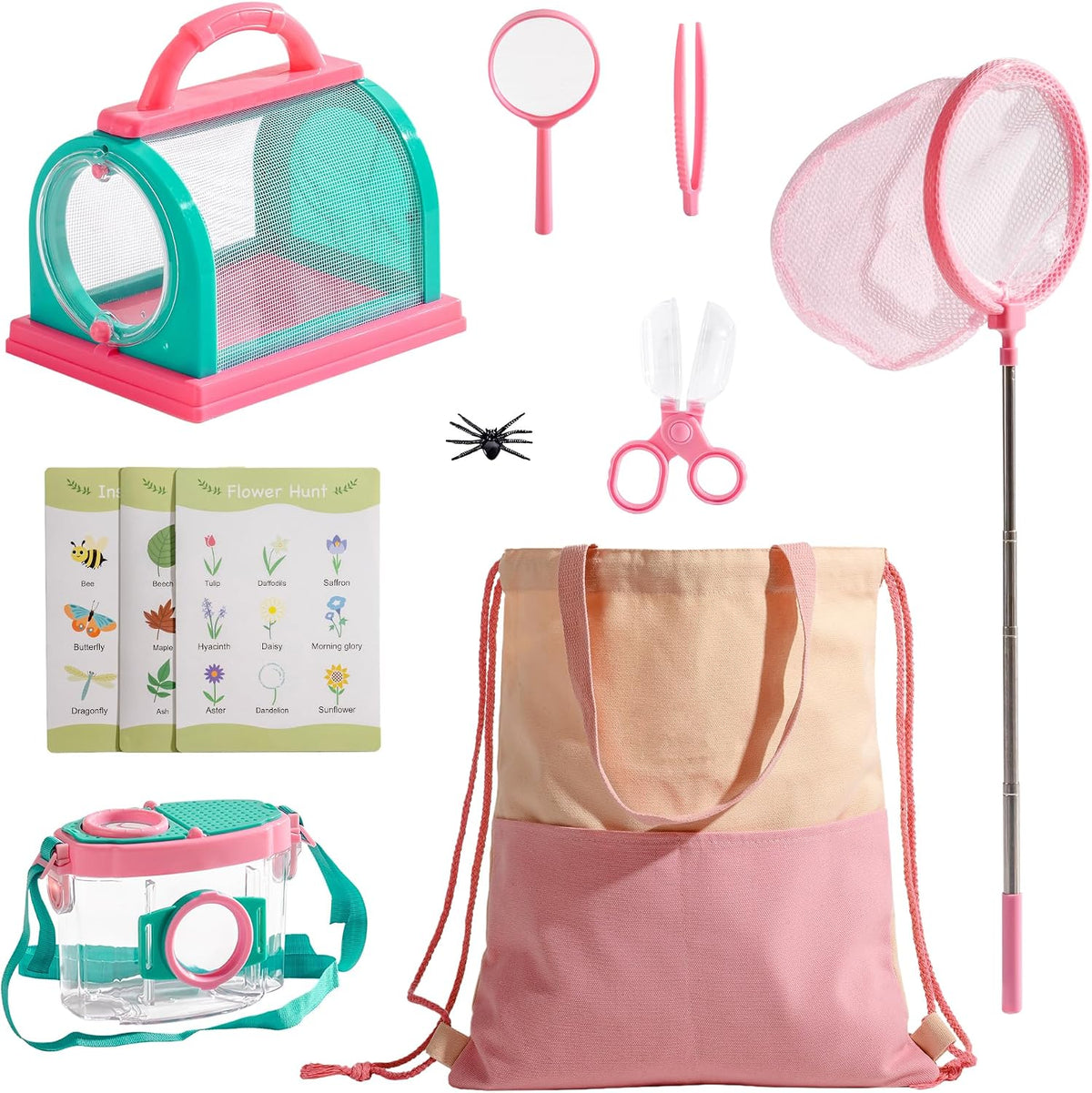 ROBOTIME Kit explorador para niños y kit de atrapador de insectos para niños, kit de 10 piezas para atrapar insectos al aire libre con lupa y red, juego de aventura para patio trasero y campamento, regalo divertido para niñas de 3 a 12 años (rosa)