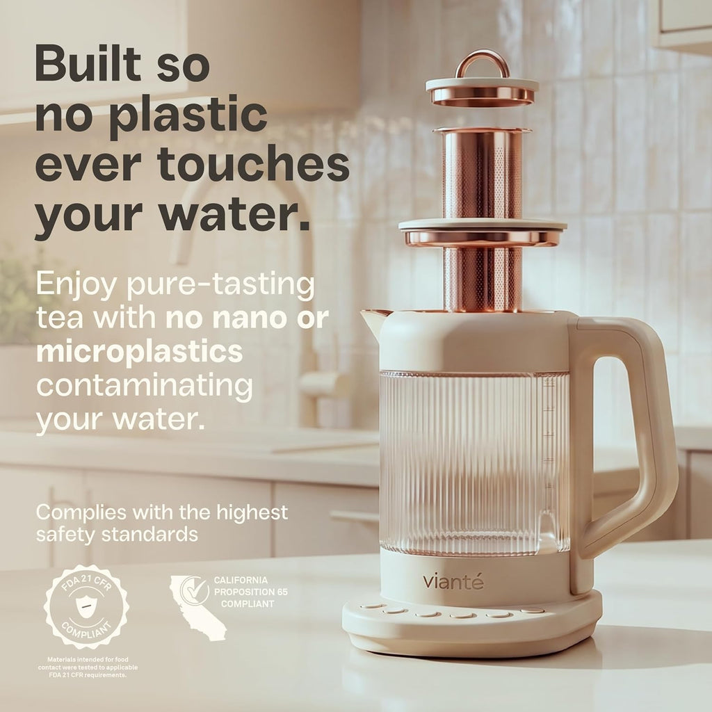 Viante Nina - Tetera eléctrica con infusor, sin plástico en contacto con el agua, vidrio de borosilicato de 1.5L, acero inoxidable 304, 4 preajustes de temperatura, mantiene el calor, inalámbrico