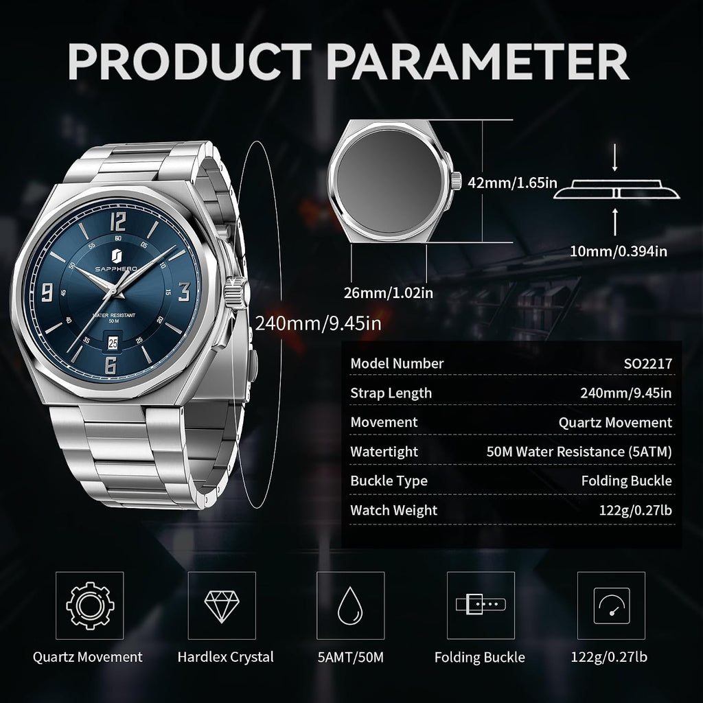 SAPPHERO Reloj para hombre con subesfera de fecha/esfera de números arábigos, cuarzo analógico, correa de acero inoxidable/piel, 164 ft impermeable, reloj de pulsera de vestir casual para trabajo de