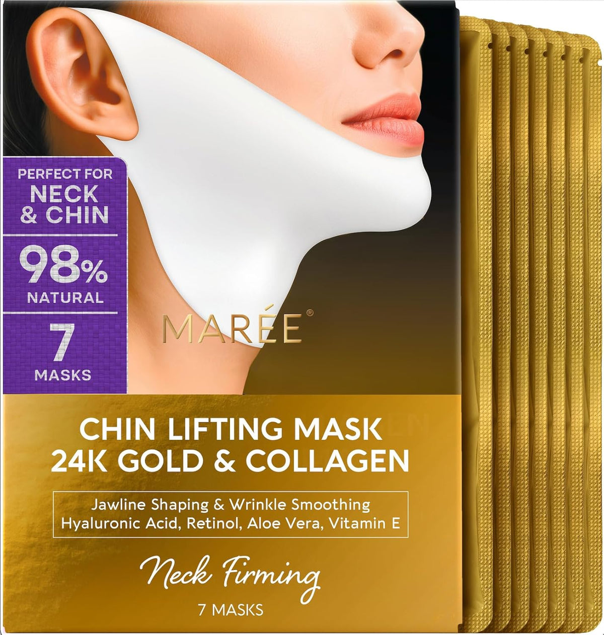 MAREE Máscara de elevación en V – Cinta de elevación de cuello, Dorado, 7 unidades