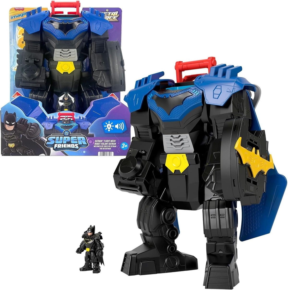 Fisher-Price Imaginext DC Super Friends, Batman Flight Mech con luces, sonidos, movimiento y figura de acción de 3 pulgadas, juguete de 14.5 pulgadas incluye lanzador y discos