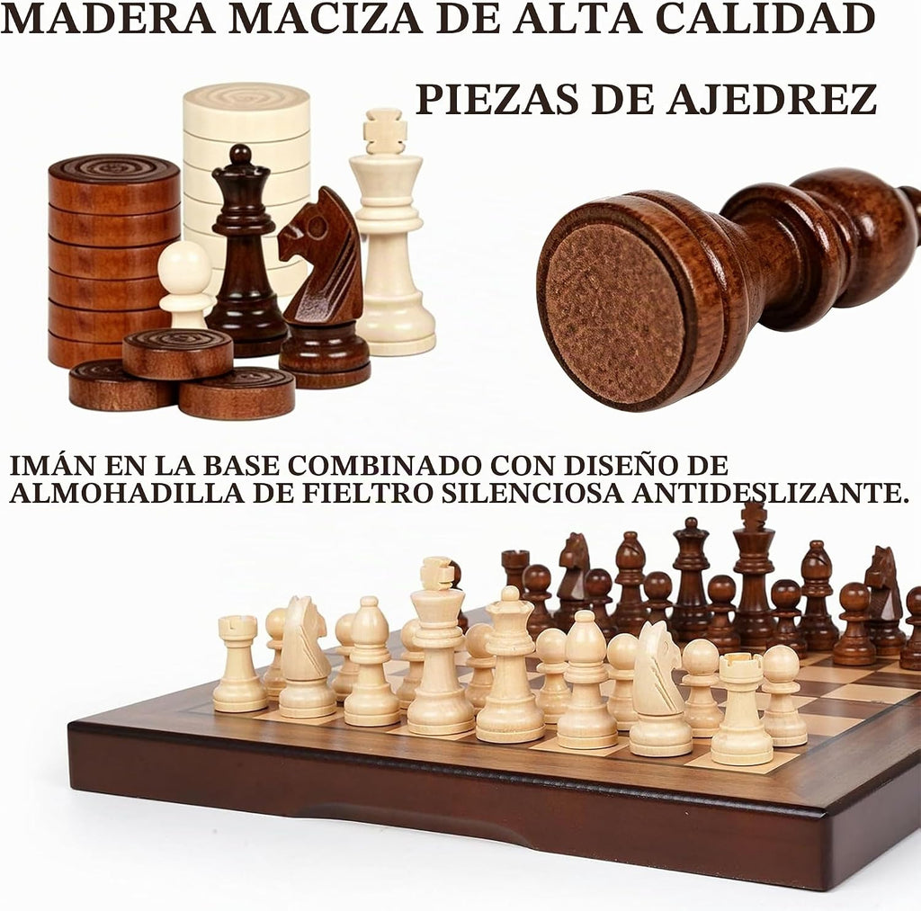 Juego de ajedrez y damas de viaje magnético 2 en 1 de madera