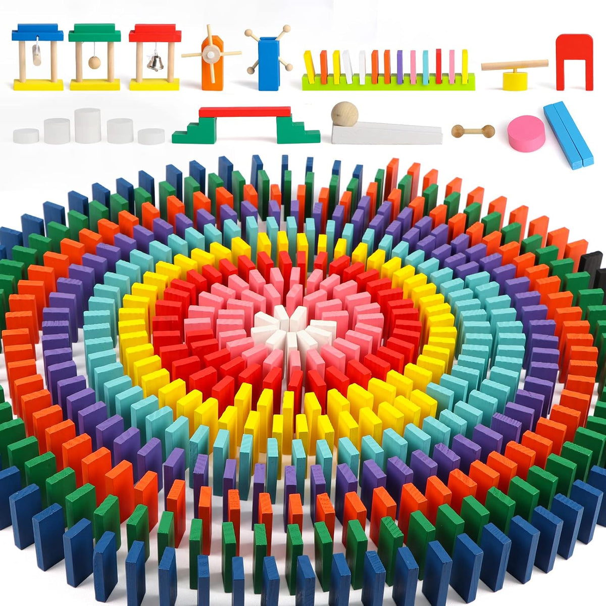 Juego de 1000 piezas de dominó para niños con 11 bloques adicionales, bloques de construcción de madera, 10 colores, juegos de fichas de dominó, juguete educativo para niños, fiesta de cumpleaños con bolsa de almacenamiento