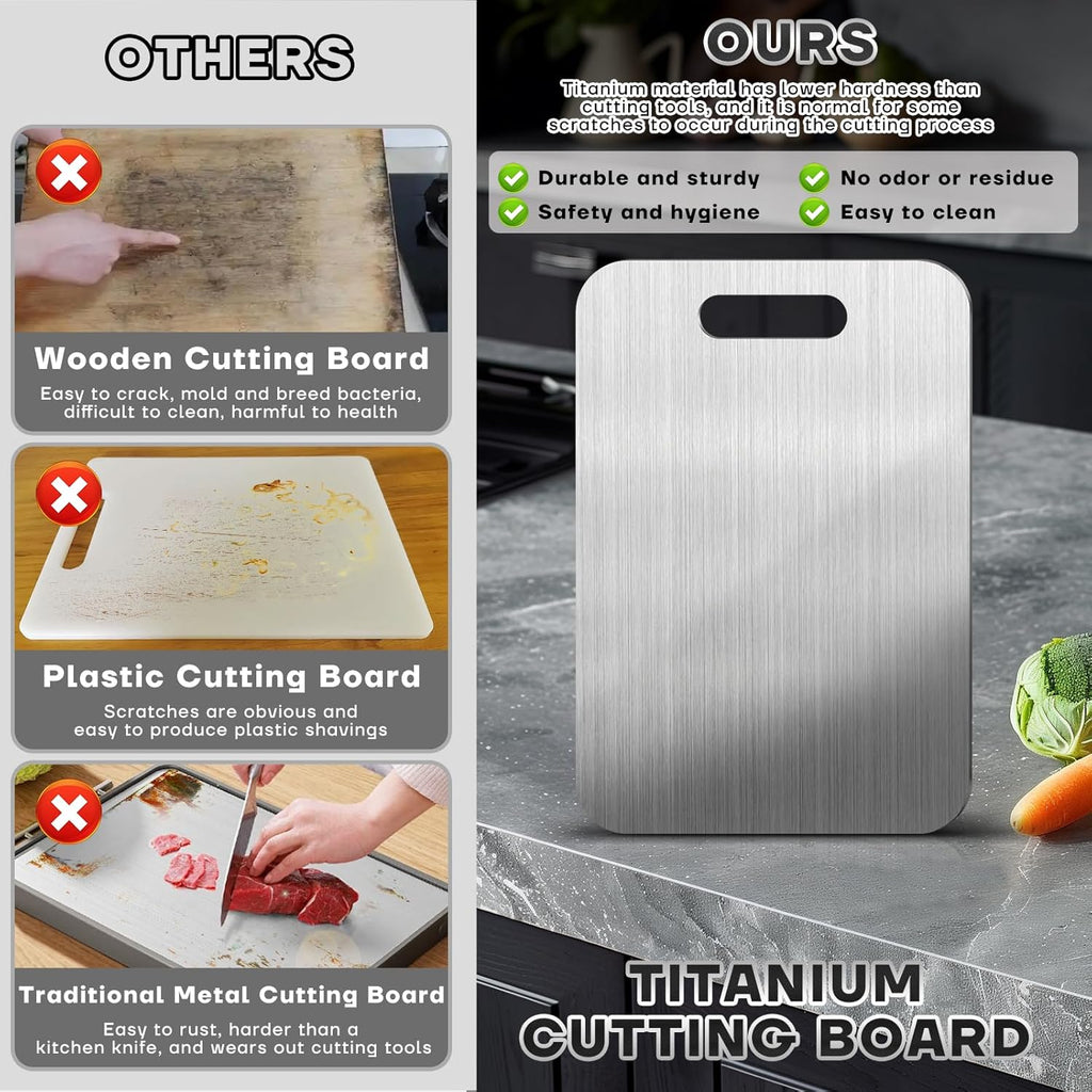 Katori Tablas de cortar de titanio para cocina, juego de tablas de cortar de titanio 100% puro, tabla de cortar de titanio de doble cara no tóxica, tablas de cortar de metal aptas para lavavajillas