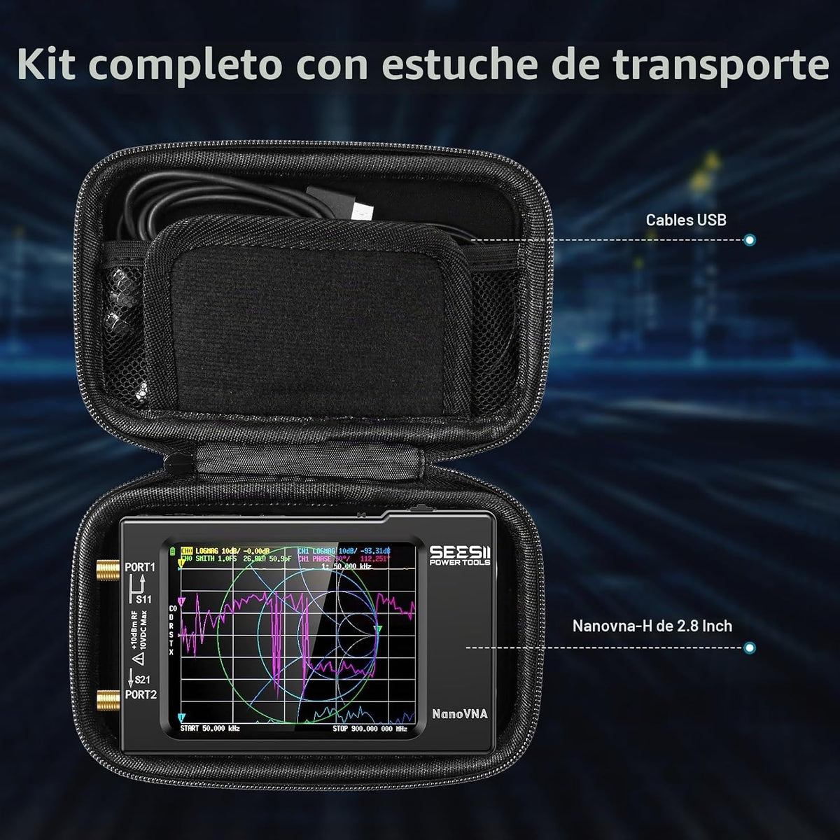 SEESII Analizador de red vectorial y antena NanoVNA-H 9KHz-1.5GHz con funda protectora EVA de 2.8", impermeable y a prueba de golpes, medidas S-parámetros, SWR, fase, retardo, Smith Chart, HW3.7