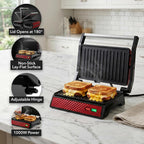 OVENTE Parrilla eléctrica de prensa Panini para interiores + sandwichera, color rojo GP0620R