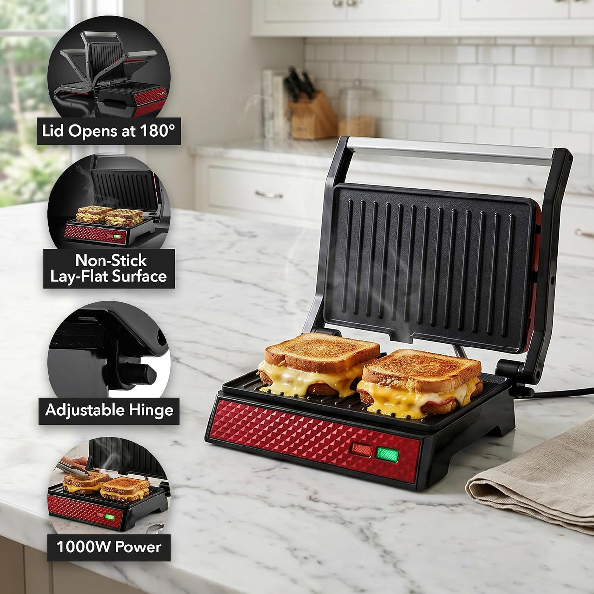 OVENTE Parrilla eléctrica de prensa Panini para interiores + sandwichera, color rojo GP0620R