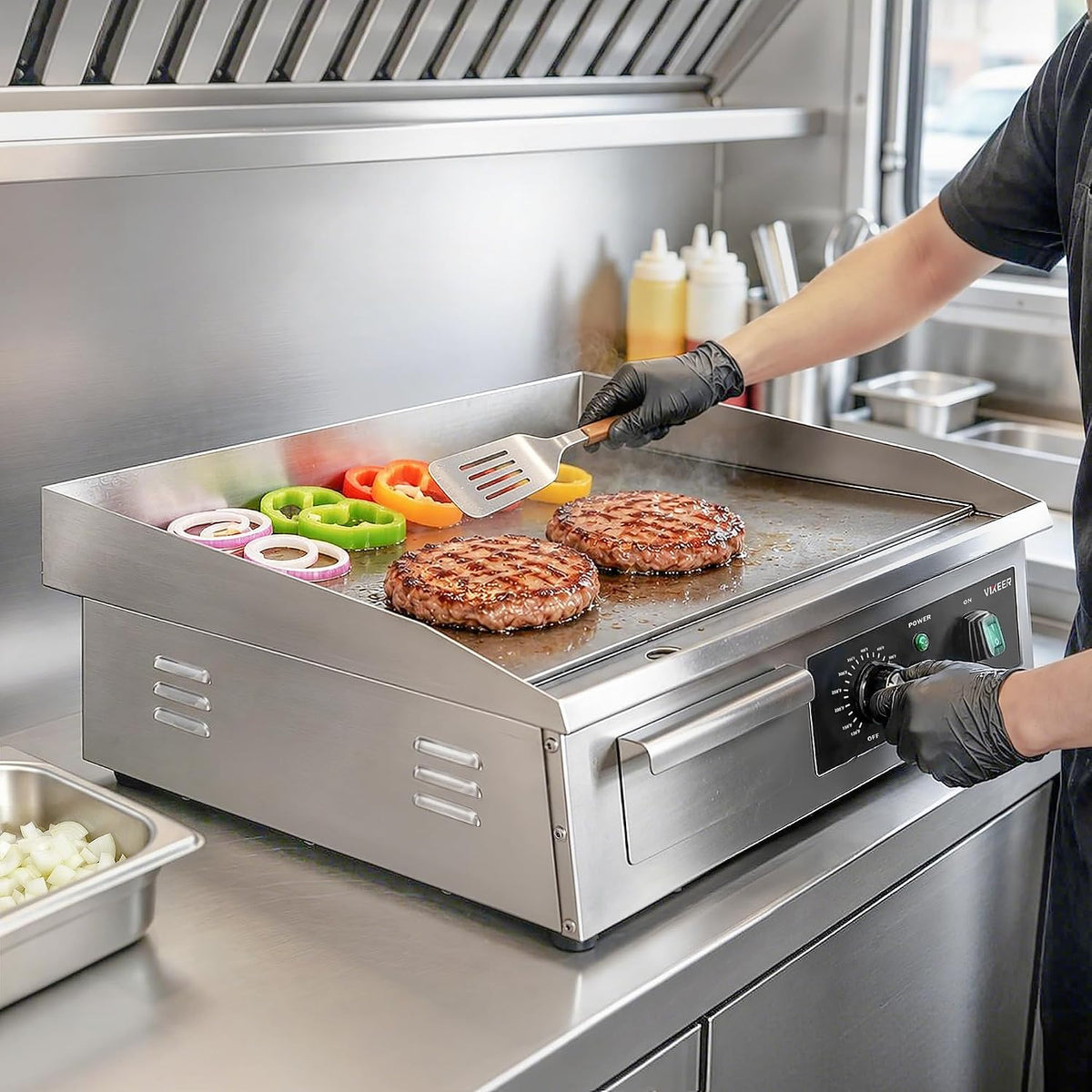 Plancha eléctrica comercial, parrilla eléctrica grande de 22 pulgadas, parrilla superior plana de acero inoxidable con placa de cocción de hierro, control de temperatura ajustable de 120-570 ℉