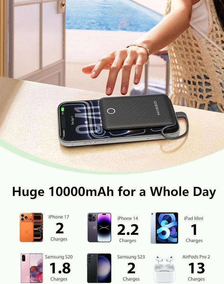 miisso Cargador Portátil Mini de 10000mAh con Cable Incorporado, Ba...
