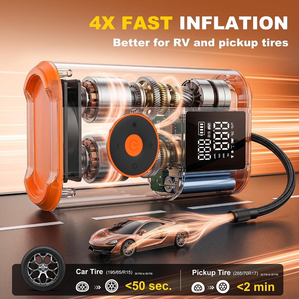 Inflador de neumáticos, compresor de aire portátil, 25 cilindros 100 W, inflado rápido, batería de 7800 mAh y bomba de aire inalámbrica de doble potencia de 12 V CC con doble calibre digital para