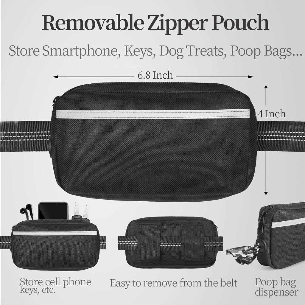 Correa para perro manos libres con bolsa de cremallera, asas acolchadas dobles y elástico duradero para caminar, trotar y correr a tu perro (grande, 25-120 libras, negro)