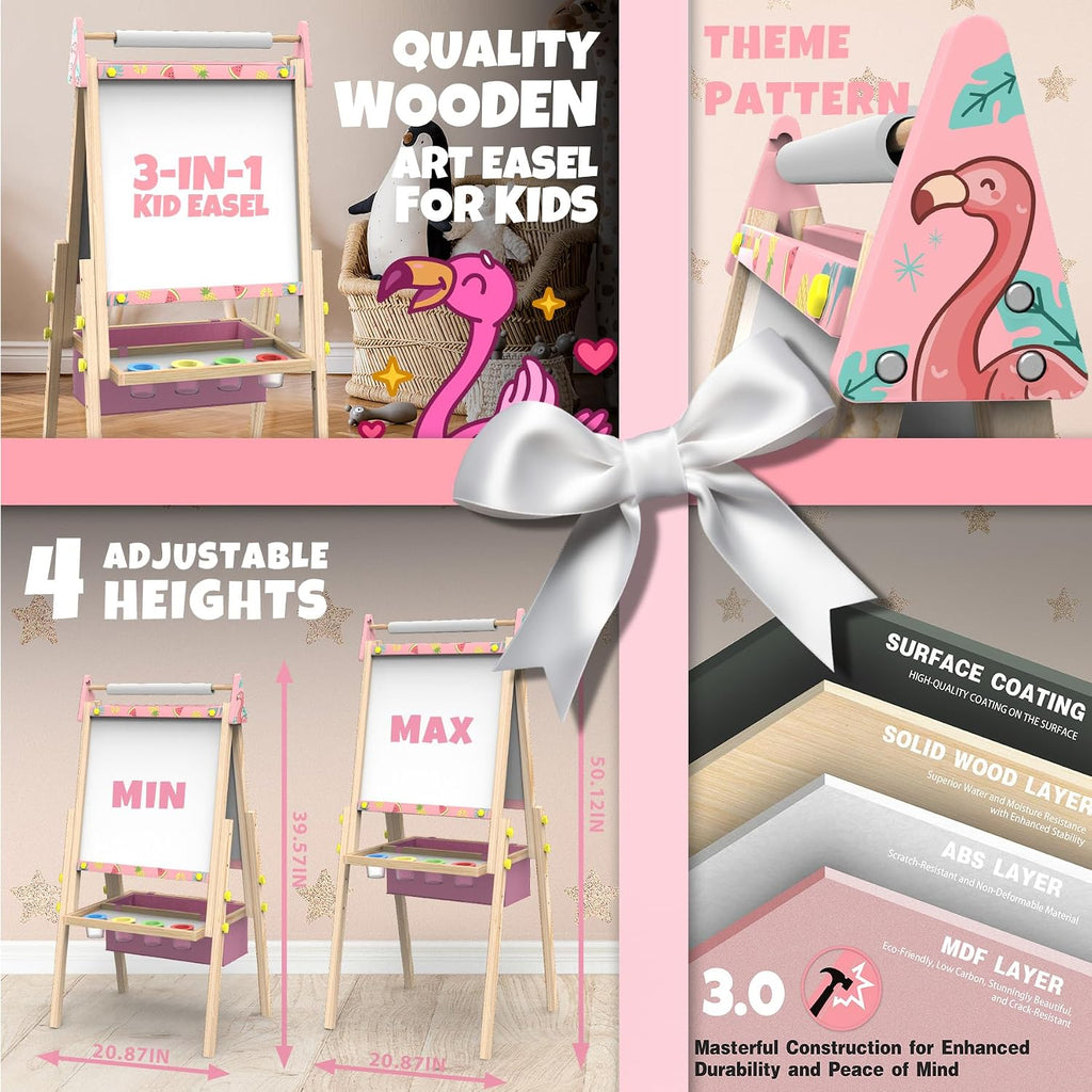 Joyooss Caballete de Arte para Niños Caballete para Niños Pequeños, Caballetes de Madera Ajustables de Pie para Niños Pizarra Blanca y Pizarra de Tiza para Niños Tablero de Borrado en Seco para Niños