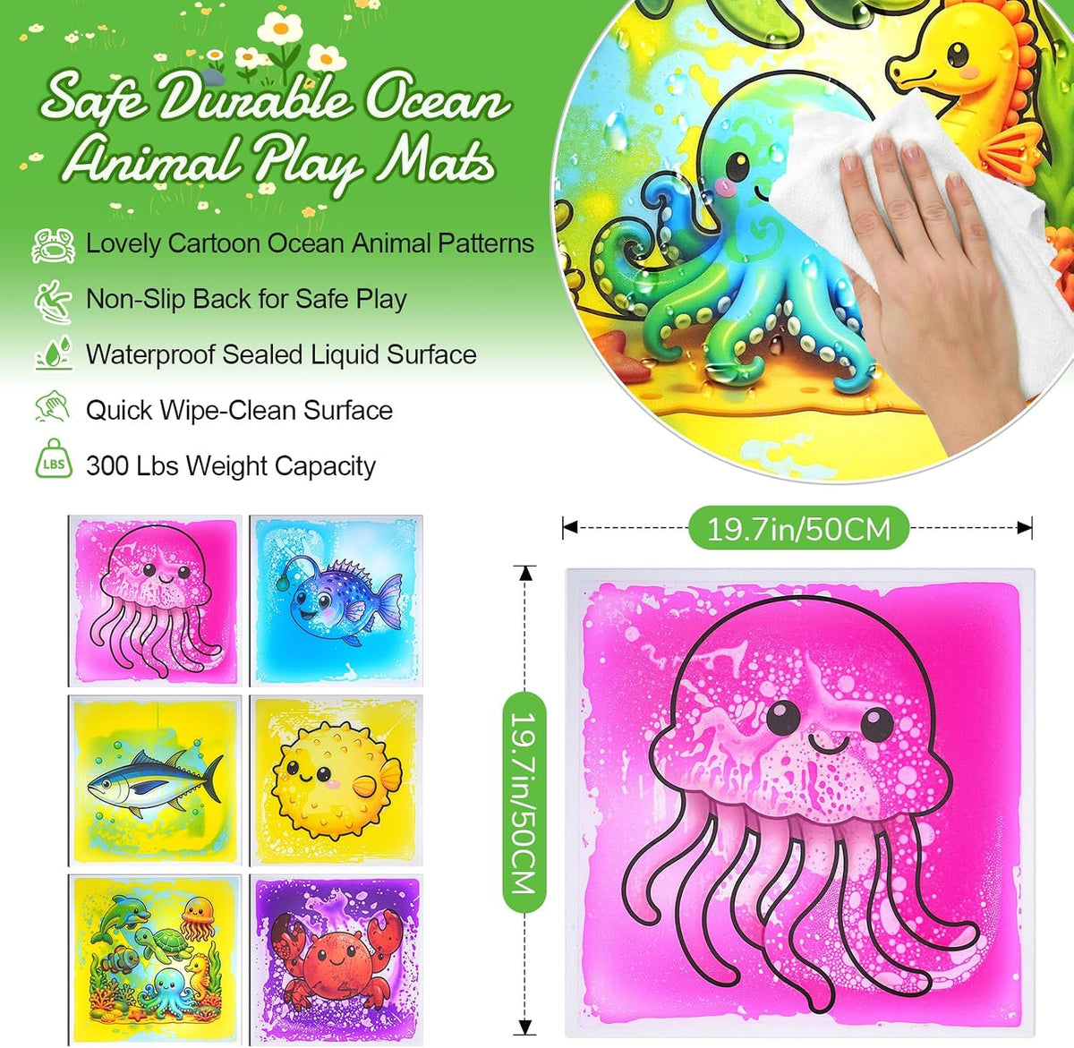 Large Sensory Floor Tiles, 20" Ocean Themed Play Mats, Autism Toys, 6-Pack
