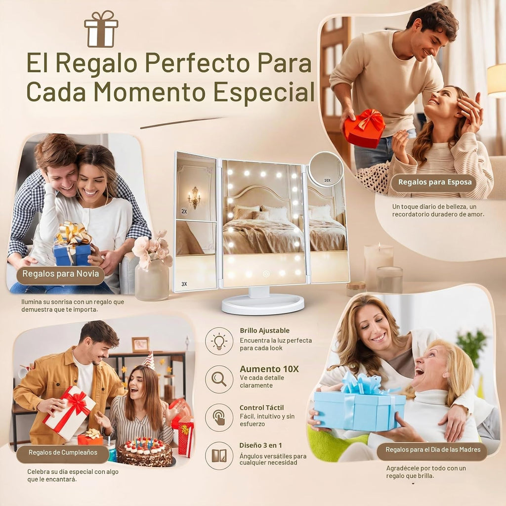 Espejo de tocador con aumento 2X/3X/10X con iluminación, espejo de maquillaje plegable trifold