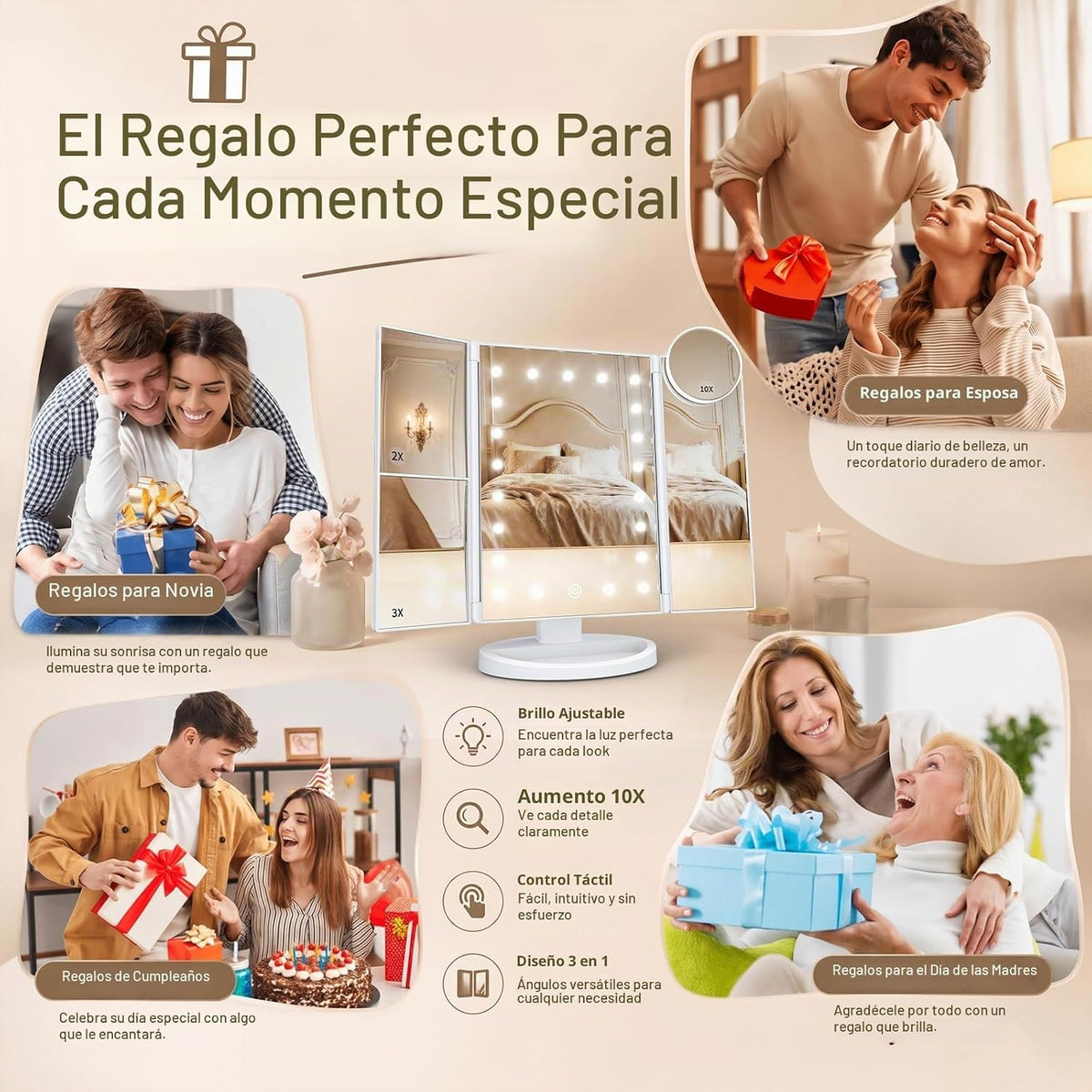 Espejo de tocador con aumento 2X/3X/10X con iluminación, espejo de maquillaje plegable trifold