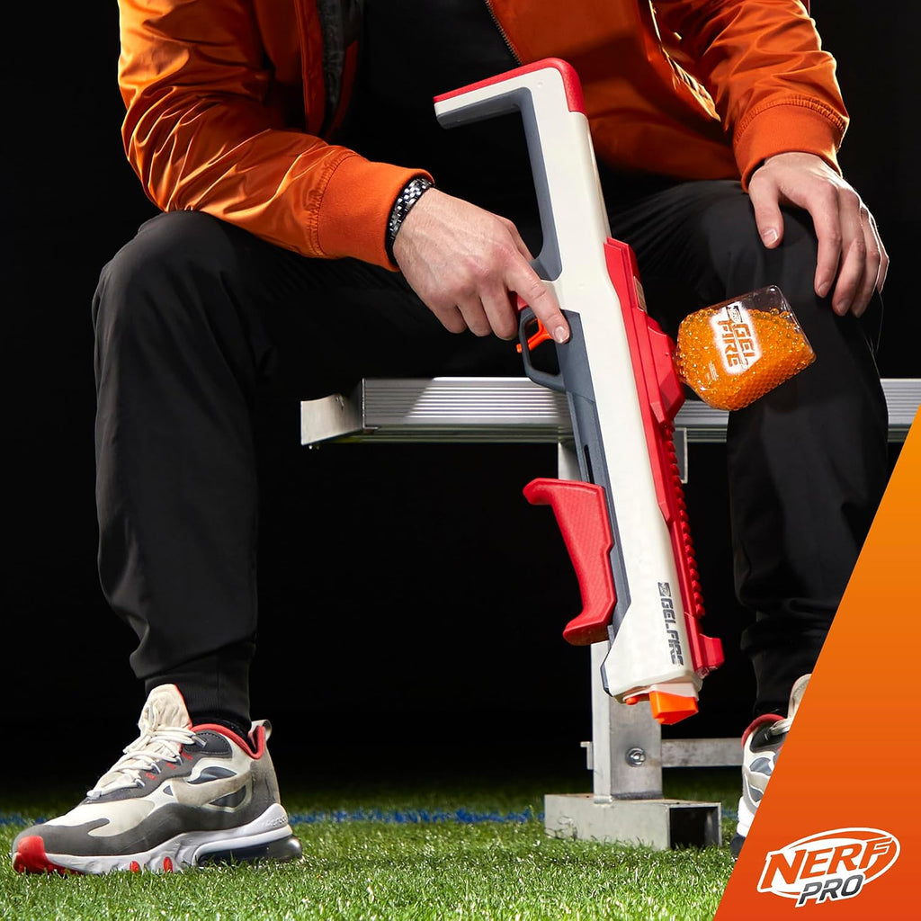 Nerf Pro Gelfire Raid Blaster, dispara 5 rondas a la vez, 10.000 rondas de gel, tolva de 800 rondas, gafas protectoras, juguetes para adolescentes de 14 años en adelante