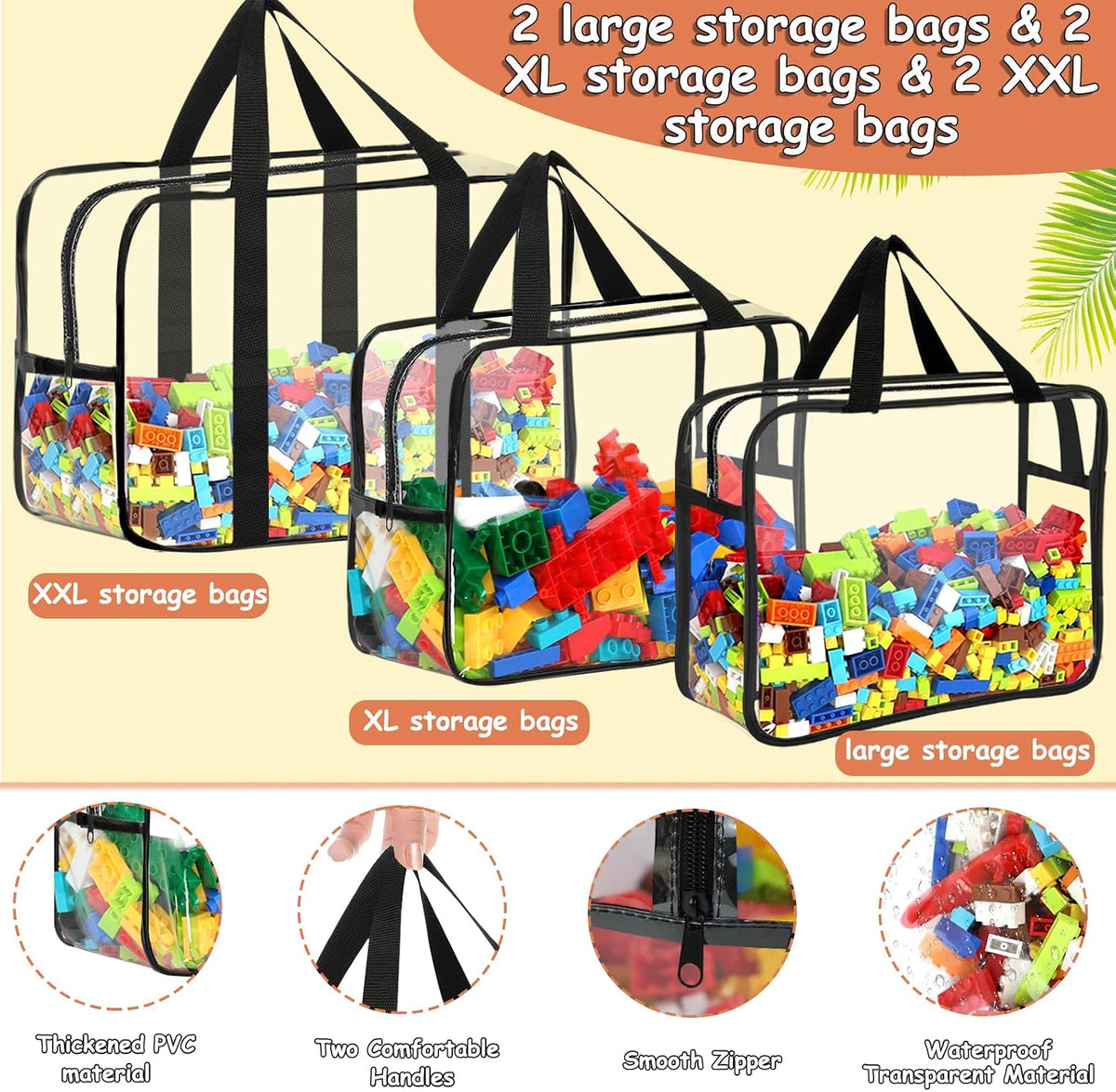 6 unidades Bolsas de almacenamiento de juguetes Grande, XL, XXL con etiquetas Organizador de juguetes transparente