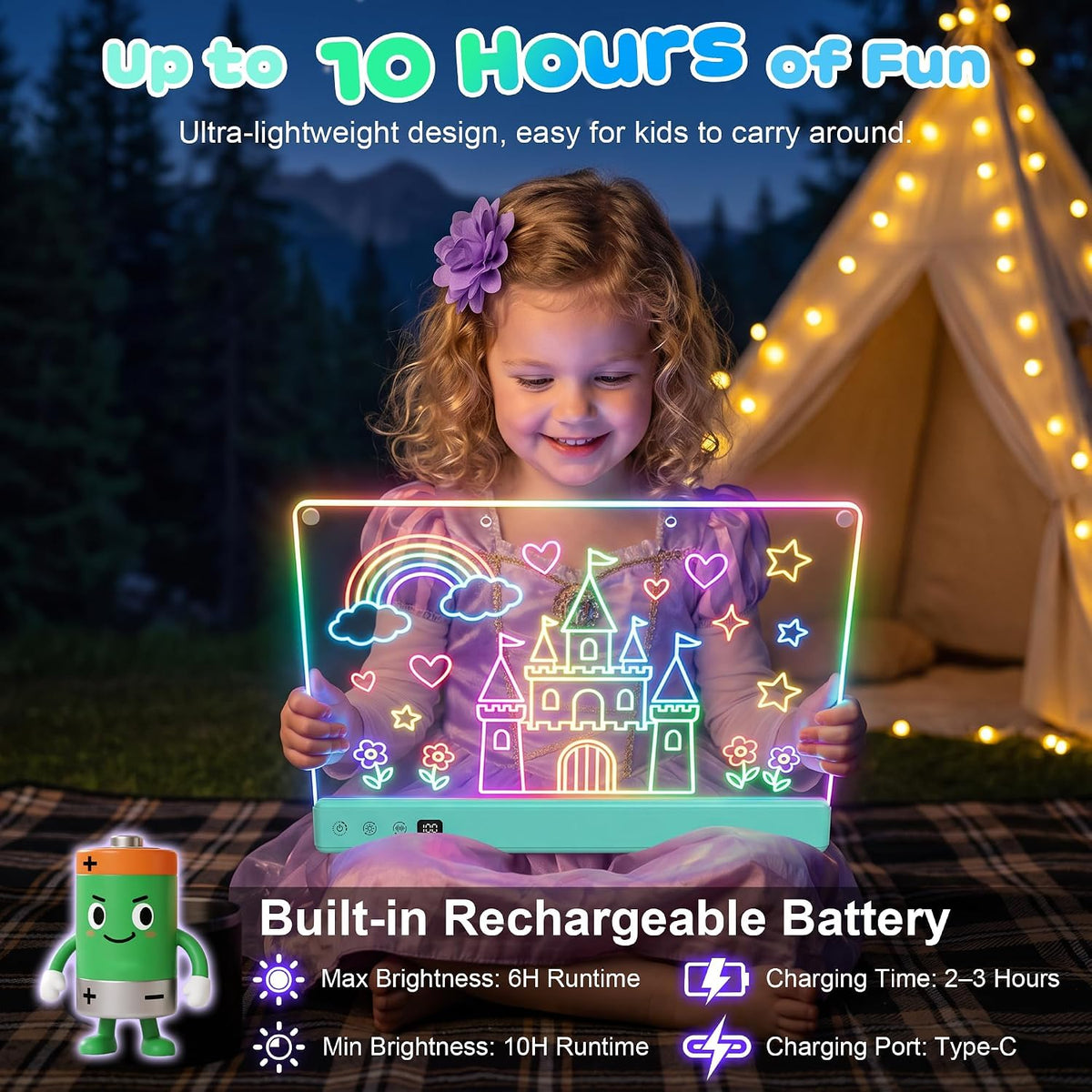 Tablero de dibujo LED recargable de 16" para niños con 16 efectos