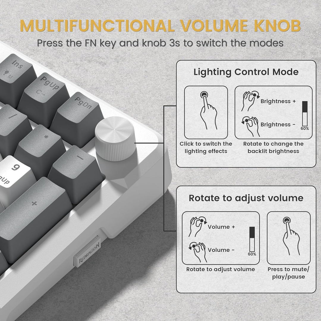 Redragon K742 Teclado mecánico inalámbrico para juegos con perilla,...