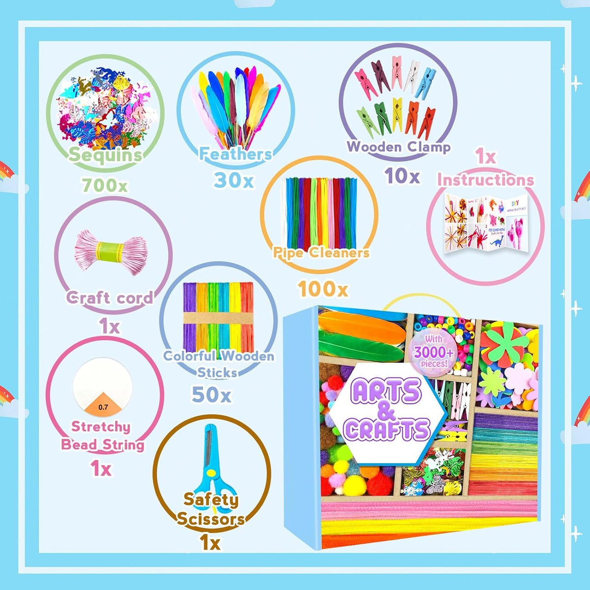 Suministros de Artes y Manualidades para Niños - Kit de Manualidades de 3000 Piezas con Limpiadores de Tubos para Niños Todo en Caja de Artesanía para la Escuela DIY Materiales de Suministros para