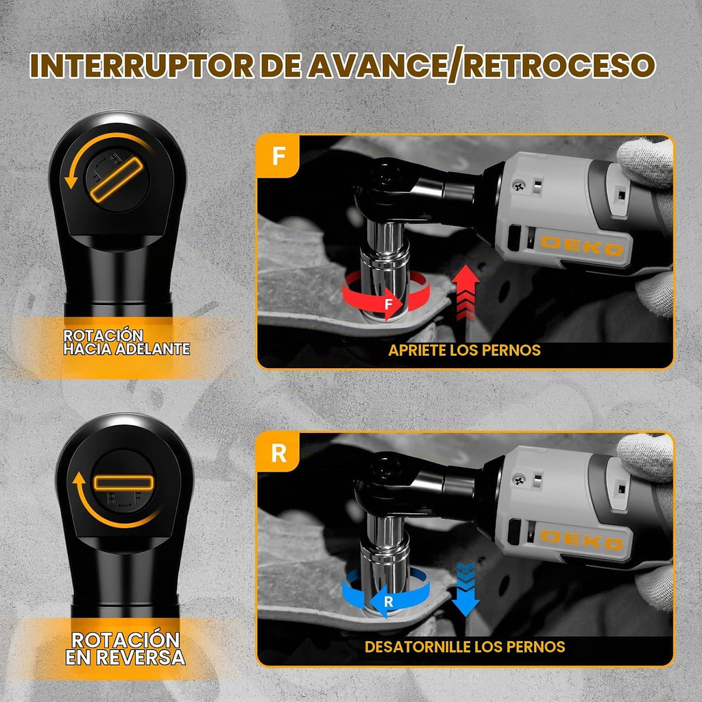 DEKOPRO Juego de llaves de trinquete eléctricas inalámbricas, 19 piezas, kit de herramientas de trinquete eléctrico, llaves de trinquete inalámbricas de 8 V 3/8 pulgadas, velocidad variable con 14