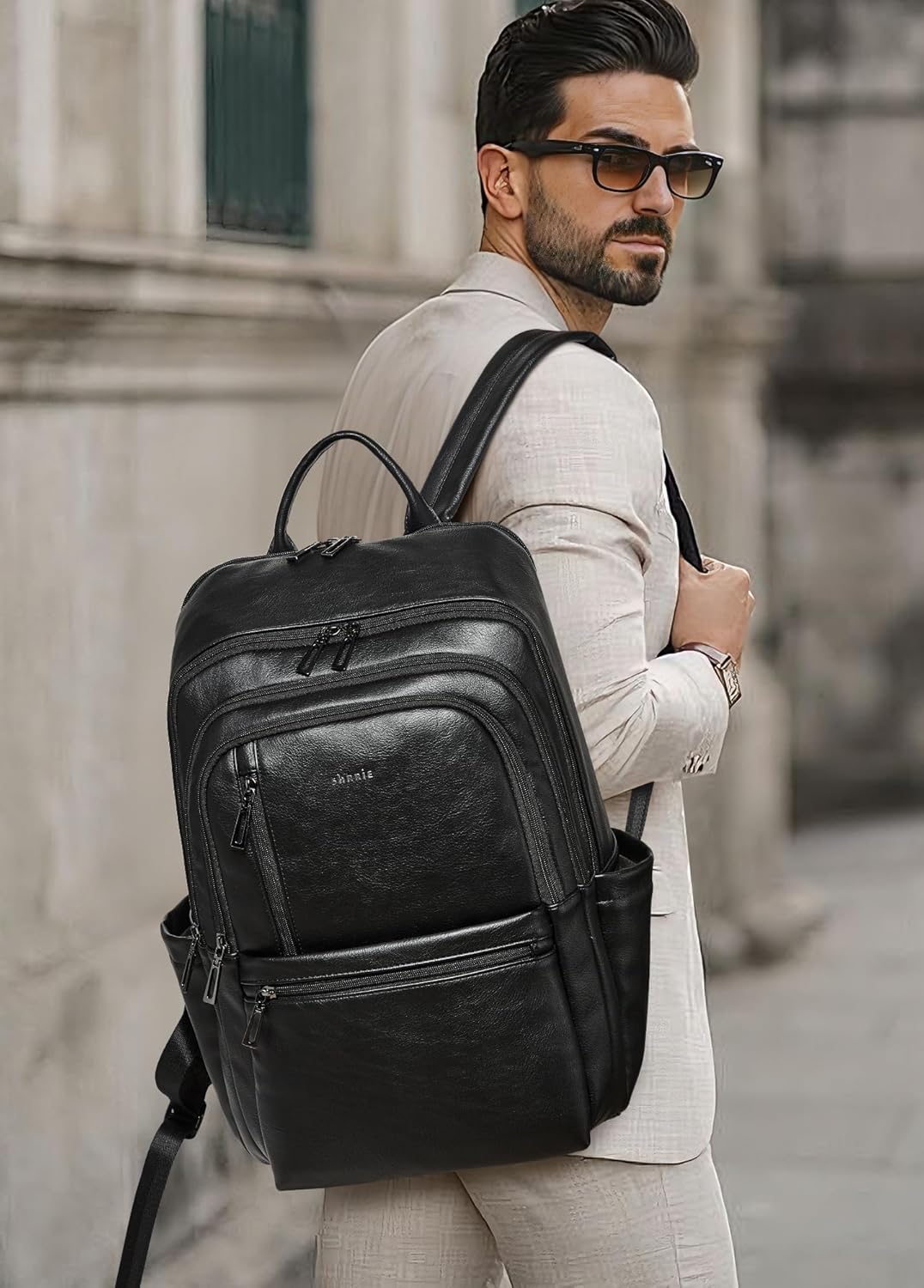 Shrrie Mochila de cuero para computadora portátil para mujer, 17 pu...