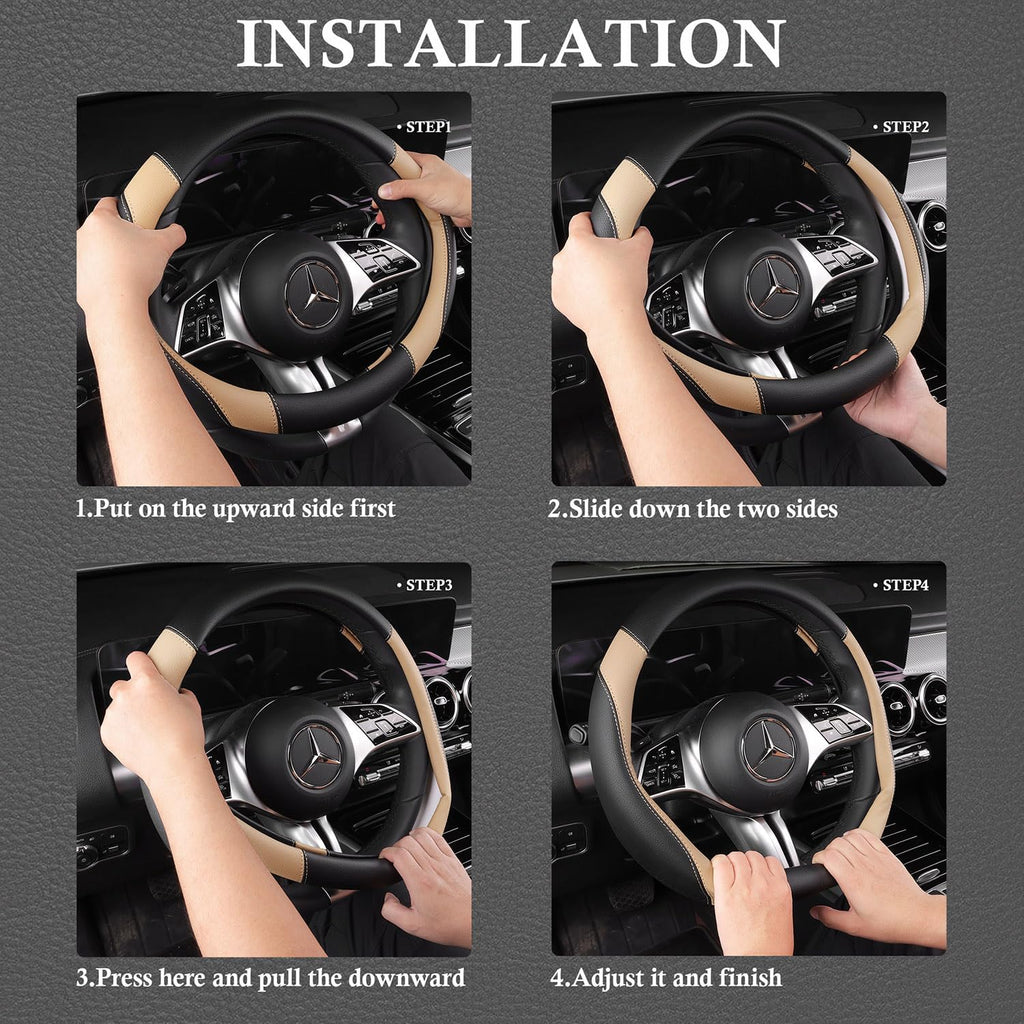 CAR PASS Funda de cuero sintético para volante y tapetes impermeables para automóvil, ajuste universal para el 95% de los sedán, SUV, automóviles, 14.5-15 pulgadas, diseño deportivo antideslizante, seguro, cómodo (negro y beige)