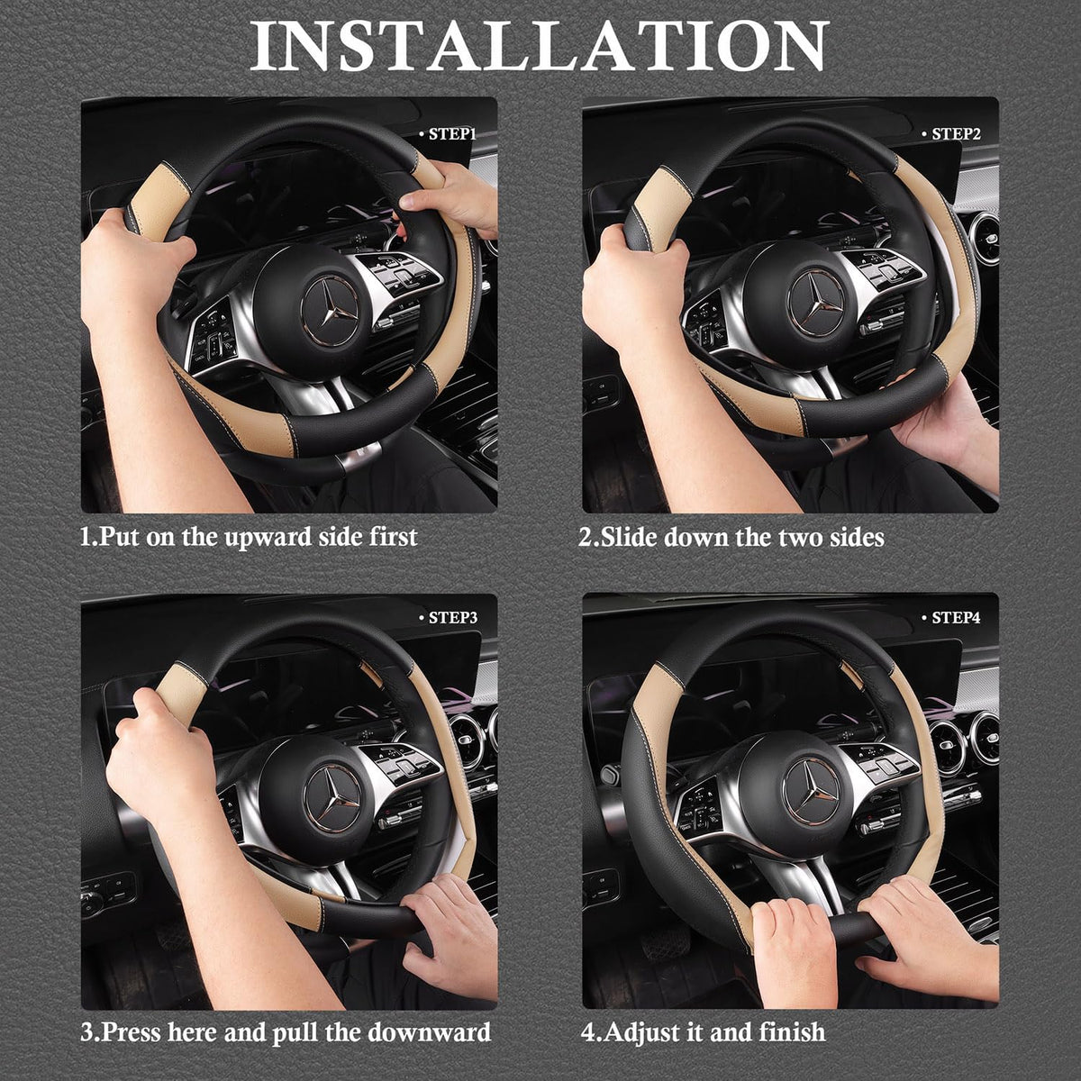 CAR PASS Funda de cuero sintético para volante y tapetes impermeables para automóvil, ajuste universal para el 95% de los sedán, SUV, automóviles, 14.5-15 pulgadas, diseño deportivo antideslizante, seguro, cómodo (negro y beige)