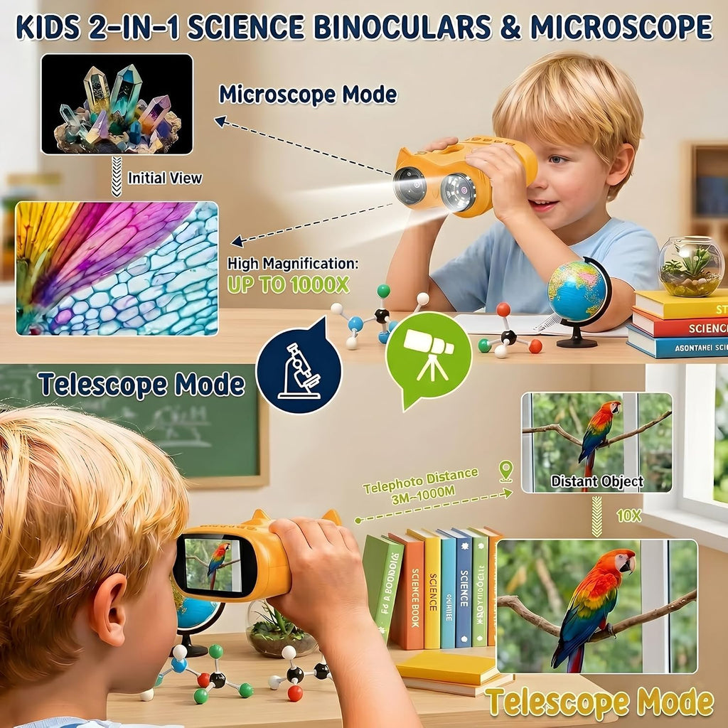 Microscopio y telescopio 2 en 1 para niños, microscopio digital de mano 1000X para niños, pantalla de 2.0 pulgadas, 8 LED, telescopio de bolsillo 10X para exteriores, cámara 1080P, juguetes