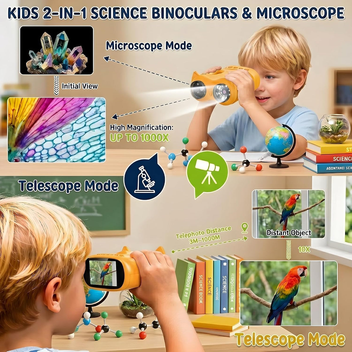 Microscopio y telescopio 2 en 1 para niños, microscopio digital de mano 1000X para niños, pantalla de 2.0 pulgadas, 8 LED, telescopio de bolsillo 10X para exteriores, cámara 1080P, juguetes