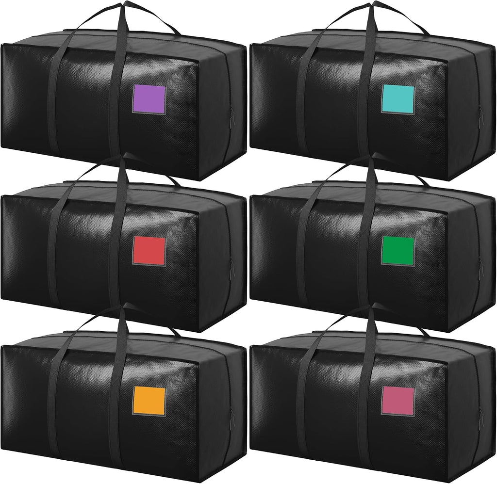 Paquete de 6 bolsas de mudanza con cremallera lateral completamente abierta, extra grandes de 93 L, resistentes al agua, plegables para almacenamiento para dormitorio universitario, mudanza y organización del hogar, color negro