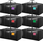Paquete de 6 bolsas de mudanza con cremallera lateral completamente abierta, extra grandes de 93 L, resistentes al agua, plegables para almacenamiento para dormitorio universitario, mudanza y organización del hogar, color negro