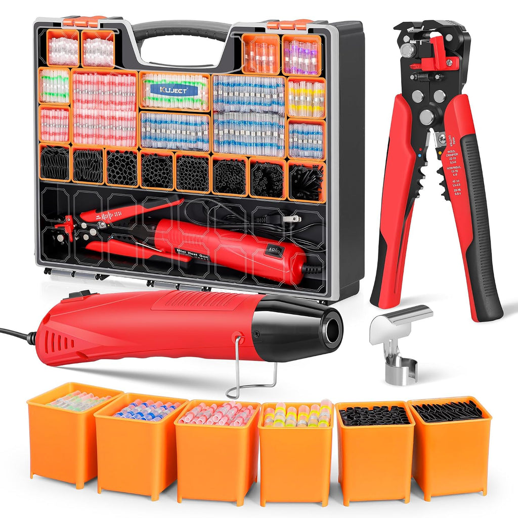 Kuject - Kit de conectores de alambre para soldadura termorretráctil, todo en uno, pelacables, pistola de calor, 2000 conectores a tope de palo de soldadura impermeables