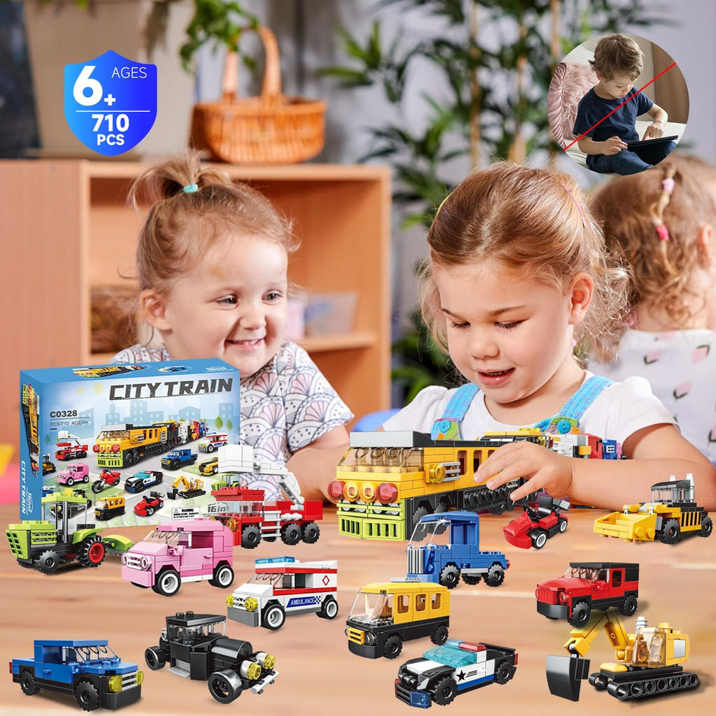 Paquete de 16 bloques de construcción para niños, compatibles con Lego 2 en 1, 710 piezas de kits de construcción de mini ciudad, incluye coche de policía y tren, regalos de juguete de Navidad