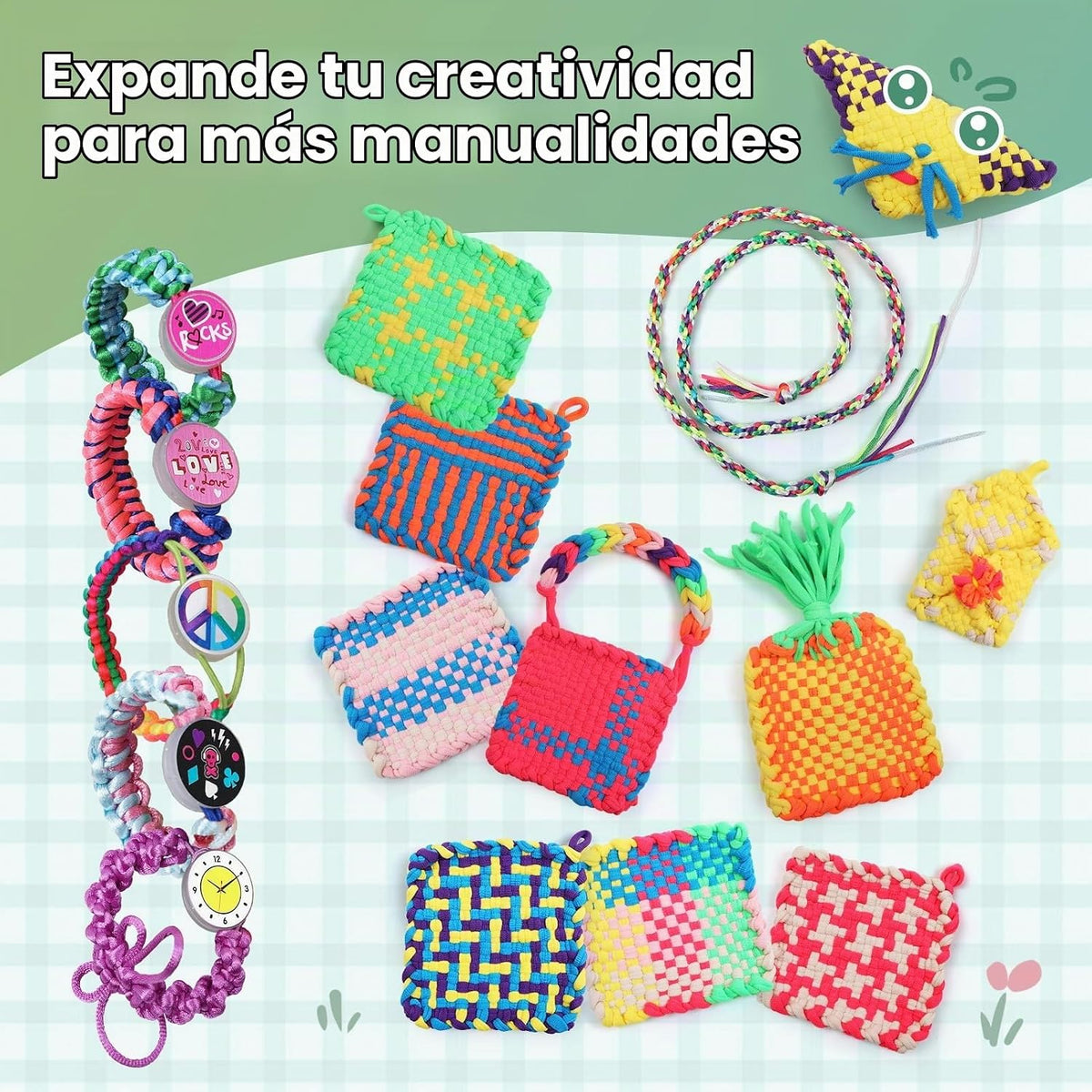 FUNiOi Kit de telar de tejer juguetes para niños, proyectos de manualidades de bricolaje de 6 agarraderas y 10 pulseras de la amistad, kits de tejido de telar cuadrado armable 2 en 1, ideas de regalo