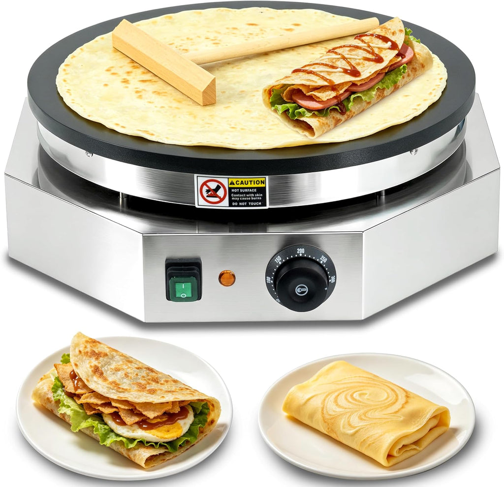 Máquina comercial de crepas de 3000 W, plancha eléctrica antiadherente de 16 pulgadas con temperatura ajustable de 32.0-572.0 °F, máquina de panqueques y Jianbing de acero inoxidable con esparcidor de