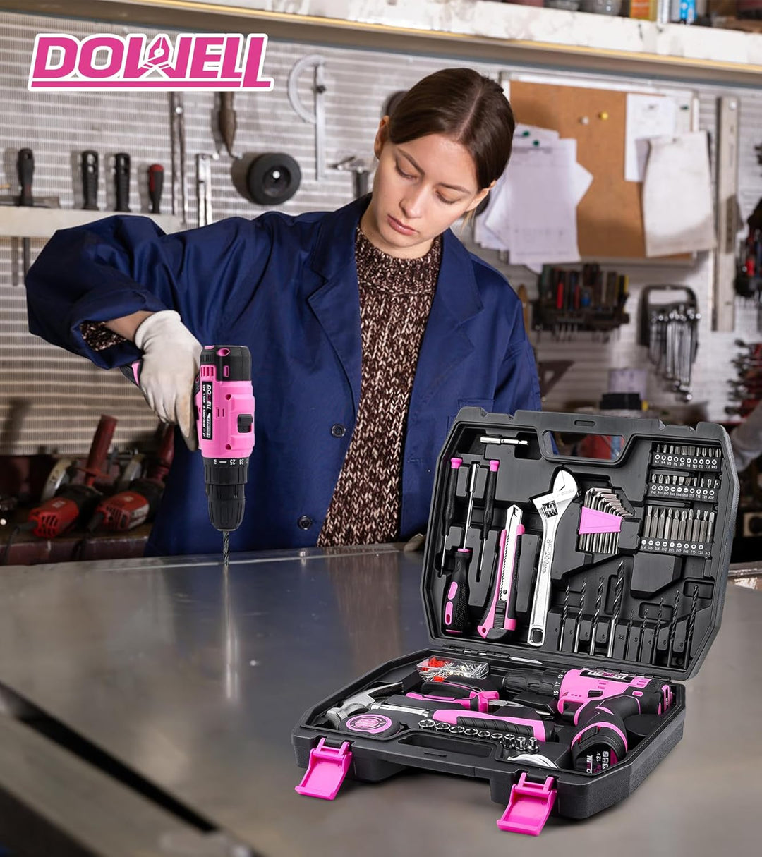 DOWELL Juego de herramientas rosa de 147 piezas con taladro inalámb...