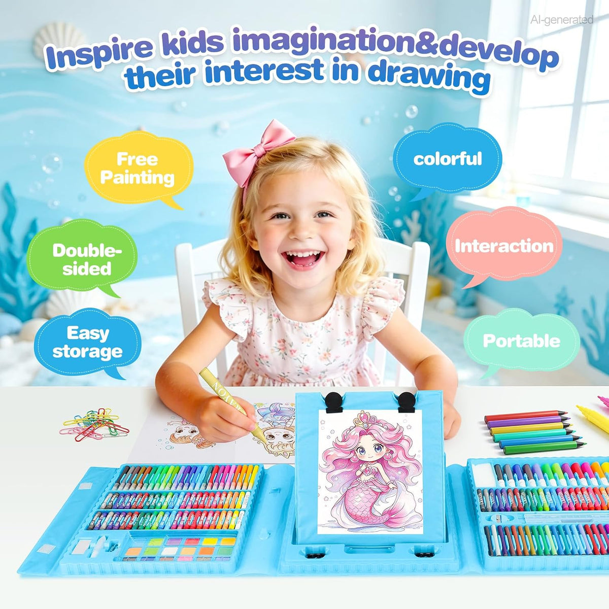 Kit de dibujo de sirena de 208 piezas, regalo para niñas y niños