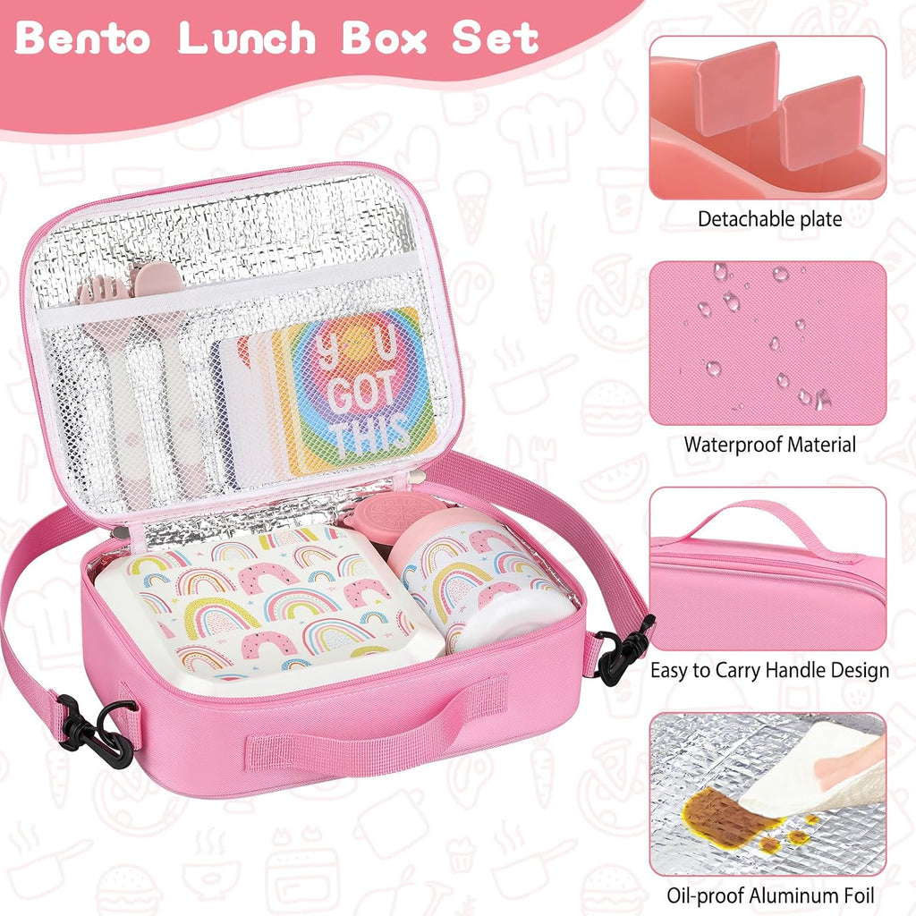 wiwens Caja de Almuerzo Bento para Niños con Termo de Sopa de 12 oz a Prueba de Fugas, Contenedor de Comida para Almuerzo con 5 Compartimentos, Frasco Térmico para Comida Caliente y Bolsa de Almuerzo
