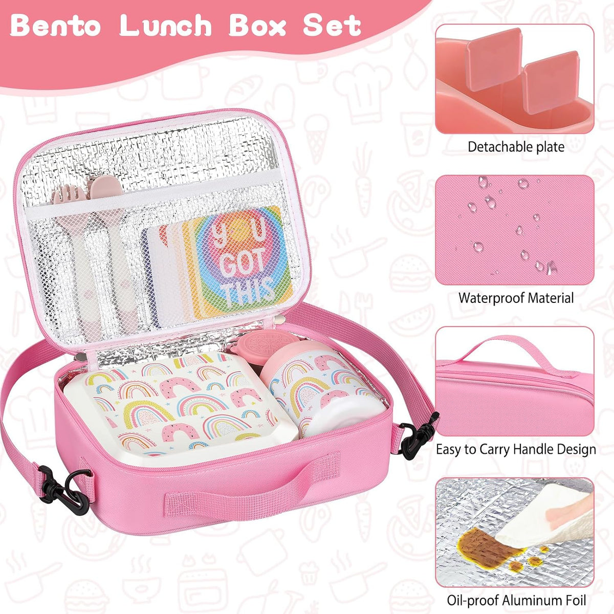 wiwens Caja de Almuerzo Bento para Niños con Termo de Sopa de 12 oz a Prueba de Fugas, Contenedor de Comida para Almuerzo con 5 Compartimentos, Frasco Térmico para Comida Caliente y Bolsa de Almuerzo