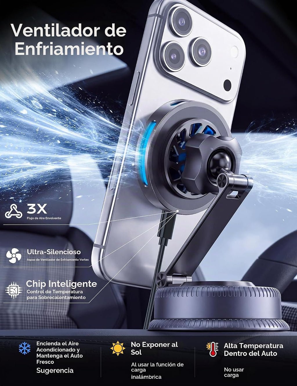 Qi2.2 Cargador MagSafe de montaje para automóvil de 25 W, ventilador