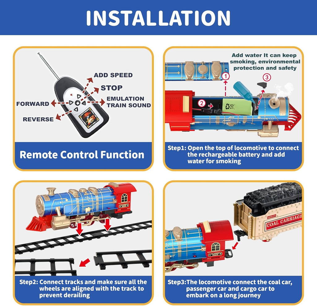Juego de tren de control remoto para niños de 3 a 8 años, tren de juguete eléctrico con vapor, luces y sonidos, incluye 17 pistas y batería recargable para jugar en interiores